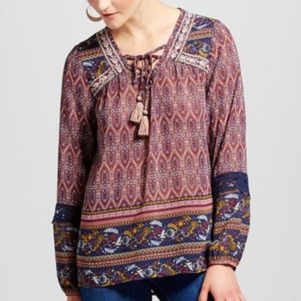 New KNOX ROSE Embroidered Border Peasant Top [D4] - Picture 4 of 8